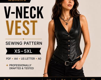 Corset Vest Sewing Pattern | Leather V-Neck Fitted Vest PDF, DXF - XS to 5XL