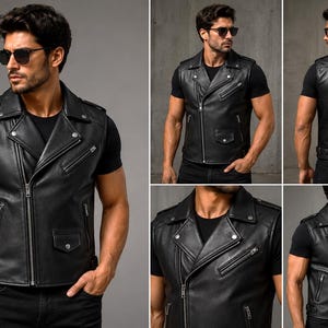 May include: A black leather waistcoat featuring a notched lapel, an asymmetrical front zip fastening, multiple zipped pockets, a small flap pocket with a press stud, and shoulder epaulettes. The waistcoat is worn over a plain black short-sleeved t-shirt.