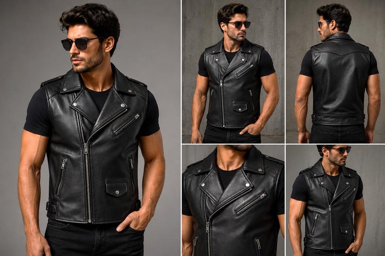 May include: A black leather waistcoat featuring a notched lapel, an asymmetrical front zip fastening, multiple zipped pockets, a small flap pocket with a press stud, and shoulder epaulettes. The waistcoat is worn over a plain black short-sleeved t-shirt.