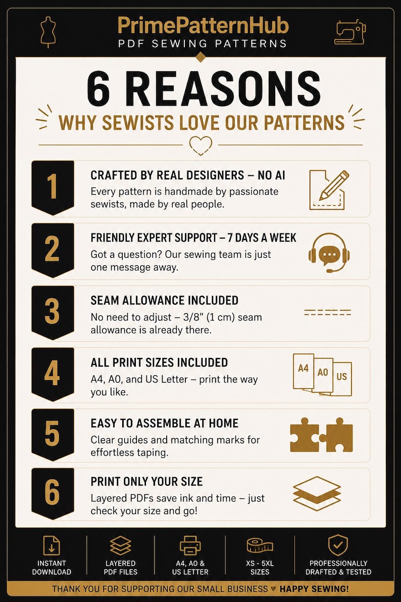 May include: An informational graphic titled PrimePatternHub 6 Reasons Why Sewists Love Our Patterns. It lists six points about PDF sewing patterns, including handmade designs, support, 1 cm seam allowance, A4, A0, and US Letter print sizes.