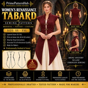 May include: A digital sewing pattern for a sleeveless tabard featuring a deep burgundy color, a high collar, and four decorative metal frog closures down the front. The pattern includes instructions for sizes XS to 5XL, with front, back, and side views shown.
