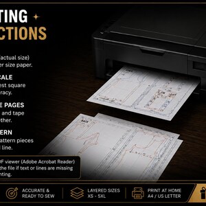 May include: A black printer with printed pattern pages on a dark surface. The text reads PRINTING INSTRUCTIONS, 1. PRINT, 2. CHECK SCALE, 3. ASSEMBLE PAGES, 4. CUT PATTERN, and a 5 cm by 5 cm test square graphic. Bottom text includes BUMPER OFFER.