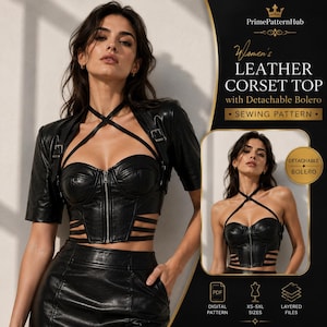 May include: A black leather corset top with a front zipper, crisscross straps, and side cutouts, paired with a detachable short-sleeve bolero featuring buckle details. The text reads PrimePatternHub LEATHER CORSET TOP with Detachable Bolero.