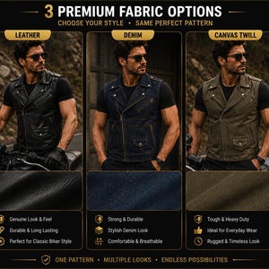 May include: A graphic display titled 3 PREMIUM FABRIC OPTIONS featuring a sleeveless jacket in three materials: black leather, dark blue denim, and olive green canvas twill. Each version shows a front zip, lapels, and pockets on a person.