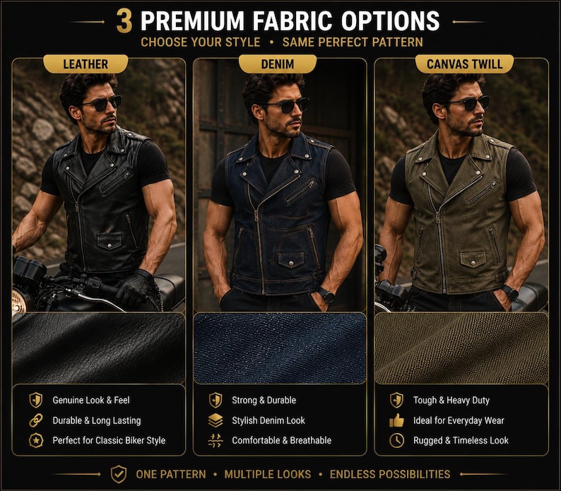 May include: A graphic display titled 3 PREMIUM FABRIC OPTIONS featuring a sleeveless jacket in three materials: black leather, dark blue denim, and olive green canvas twill. Each version shows a front zip, lapels, and pockets on a person.