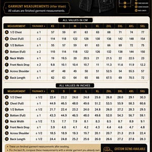 May include: A black leather biker vest displayed with a comprehensive size chart and technical specifications. The chart includes measurements in both centimetres and inches for sizes XS through 5XL, detailing chest, bottom, neck, and back length.