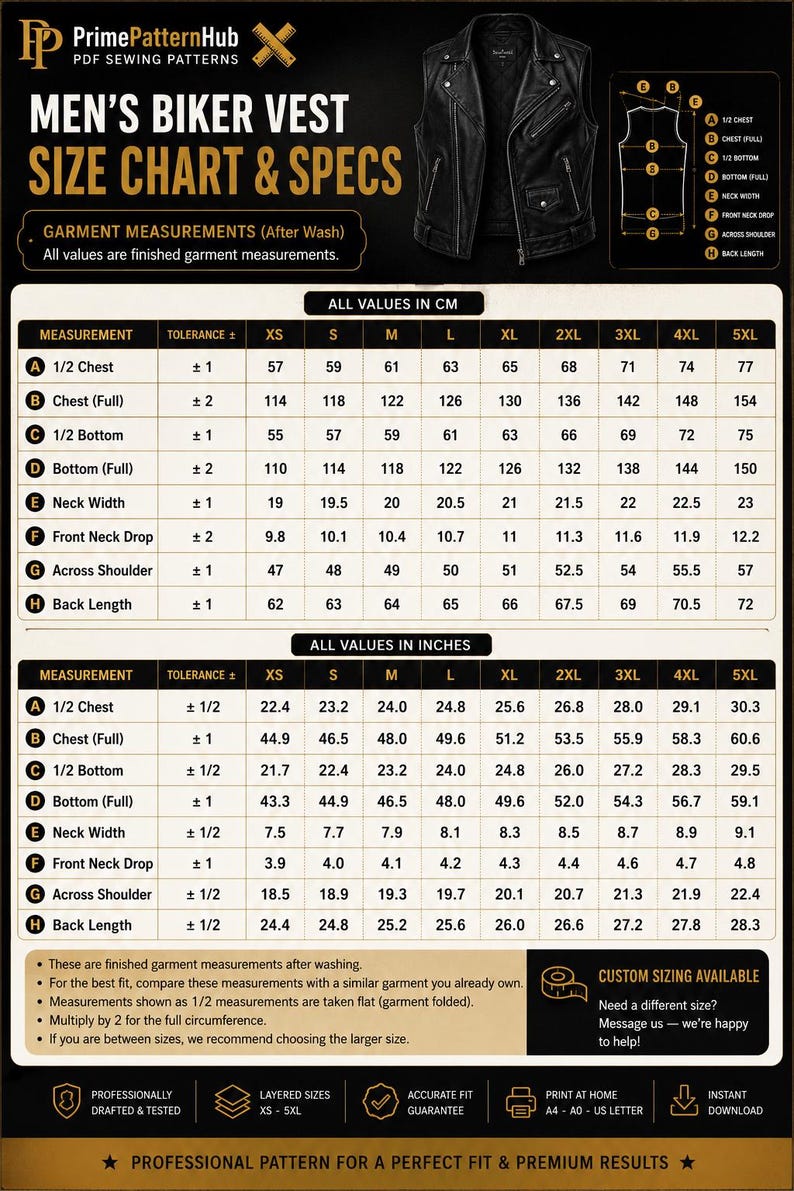 May include: A black leather biker vest displayed with a comprehensive size chart and technical specifications. The chart includes measurements in both centimetres and inches for sizes XS through 5XL, detailing chest, bottom, neck, and back length.