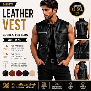 May include: A black leather vest sewing pattern featuring a front zip, two chest pockets, and two lower pockets. The design includes PDF and DXF files for sizes XS-5XL, with layered sizes, step-by-step instructions, and print-at-home options.