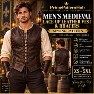 May include: A sewing pattern for a lace-up leather vest and bracers, featuring text including PrimePatternHub, Men's Medieval Lace-Up Leather Vest & Bracers, Sewing Pattern, LARP, Renaissance, Halloween, PDF Pattern, DXF, Layered Sizes XS-5XL.