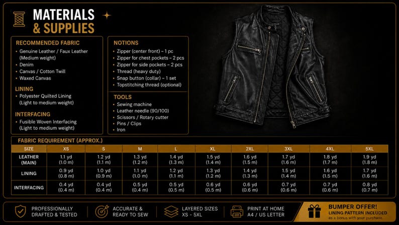 May include: A sewing pattern guide for a black leather vest featuring a centre front zip, chest pockets, and side pockets. The image includes a detailed table of materials, supplies, and fabric requirements in yards and metres for sizes XS to 5XL.