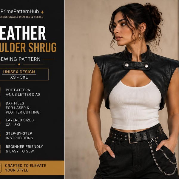Leather Shoulder Shrug Sewing Pattern | Moto Vest PDF, DXF (XS-5XL)