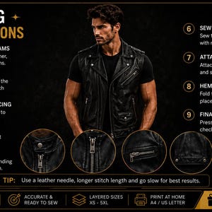 May include: A sewing instruction guide for a black leather vest, featuring nine numbered steps, detailed close-up images of zippers and seams, and a tip to use a leather needle. The guide includes sizing from XS to 5XL and print-at-home options.