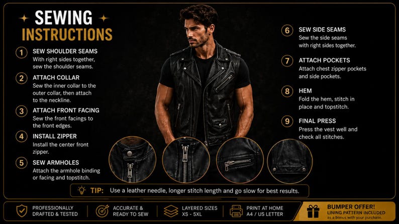 May include: A sewing instruction guide for a black leather vest, featuring nine numbered steps, detailed close-up images of zippers and seams, and a tip to use a leather needle. The guide includes sizing from XS to 5XL and print-at-home options.