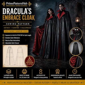 May include: A sewing pattern for Dracula's Embrace Cloak, featuring a black and red floor-length cape design. The document includes instructions for short, medium, and long lengths, with A4, A0, and US Letter PDF formats for printing at home.