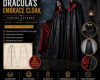 Wzór na pelerynę wampira, pelerynę gotyckiego Drakuli, kostium na Halloween, dla początkujących (PDF i DXF)