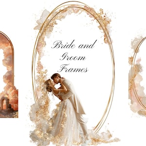 Può includere: Tre cornici decorative per matrimoni. Le cornici sono dorate con un design ad acquerello e una coppia che si bacia. Il testo "Bride and Groom Frames" è al centro. Una cornice è ad arco e due sono ovali.