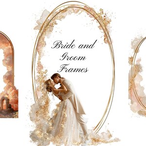 11 Watercolor Wedding Clipart PNG, Gold Oval Bride Groom Frames, Romantic Boho