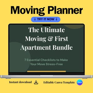 Puede incluir: Un planificador de mudanzas digital en la pantalla de una computadora portátil sobre un fondo amarillo. El texto dice Moving Planner, The Ultimate Moving & First Apartment Bundle, 7 Essential Checklists to Make Your Move Stress-Free y Editable Canva Template.