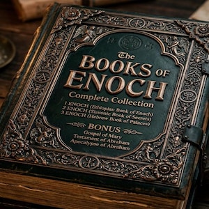 May include: A detailed image of a vintage book titled "The Books of Enoch Complete Collection." The cover is dark green with ornate bronze-colored metalwork. The book is open on a wooden surface with other antique items, including a candle and inkwell.