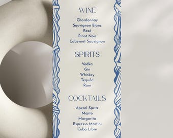 Menukaart voor een bruiloft (bewerkbaar en printbaar, Canva) met strand- en kustthema. Cocktailkaart.
