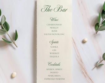 Plantilla minimalista para menú de bar de boda, bebidas editables en Canva, imprimible en verde salvia, cócteles, vinos y licores.