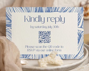 Sjabloon bruiloft RSVP-kaart bewerkbare afdrukbare canva Beach Coastal Response met QR-codetekst