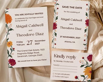 Rustieke trouwuitnodigingenset sjabloon herfst bordeauxrood terracotta thema printbare Save the Date RSVP Canva
