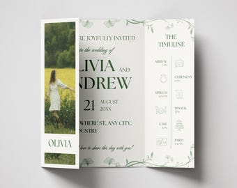 Drievoudig gevouwen trouwuitnodigingssjabloon, botanische uitnodiging van Canva met poortvouw, bewerkbare saliegroene trouwsuite