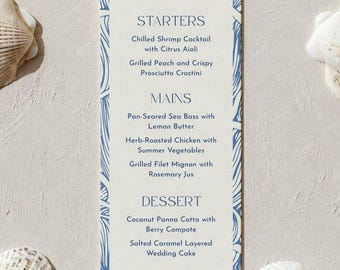 Bewerkbaar en printbaar sjabloon voor een trouwmenu in Canva-formaat met een strand- en kustthema. Receptiemenu.