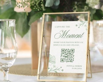 Kaart voor het delen van foto's met QR-code, canvassjabloon, Capture the Moment-bord, saliegroen botanisch