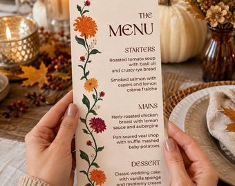 Bordeauxrood trouwmenu-sjabloon, rustieke dinerkaart voor de herfst, handgetekende herfstdecoratie voor een bruiloft
