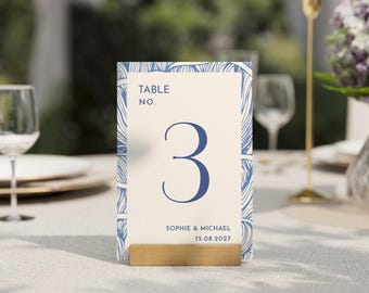 Sjabloon voor tafelnummers voor een bruiloft - bewerkbaar en printbaar - Canva - Receptiekaarten met strand- en kustthema