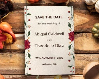 Sjabloon voor een Save the Date-kaart voor een herfstbruiloft in bordeauxrode en terracotta bloemenprint, direct te downloaden.