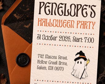 Uitnodigingssjabloon voor een Halloweenfeest: heks, spook, handgetekende griezelige feestuitnodiging, bewerkbaar, printbaar (Canva).