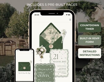 Sjabloon bruiloftswebsite met RSVP Botanische tuin Canva bewerkbare uitnodiging digitale download