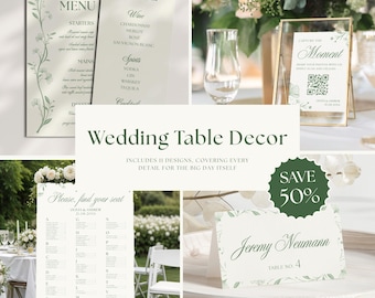 Set met botanische tafeldecoratie in saliegroen voor bruiloften (Canva-sjabloon)