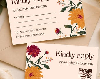 Sjabloon voor RSVP-kaart voor een herfstbruiloft, bordeauxrode bloemen QR-code, bewerkbaar Canva-bestand, printbare antwoordkaart voor de herfst