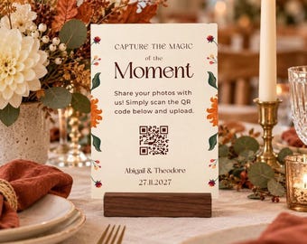 Trouwkaart met QR-code, sjabloon 'Vastleggen van de liefde', foto's delen, tafeldecoratie voor de herfst.