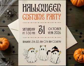 Printbare uitnodiging voor een Halloweenfeestje voor kinderen: Spookkostuumfeestje, Leuke griezelige verjaardagskaart (Canva)