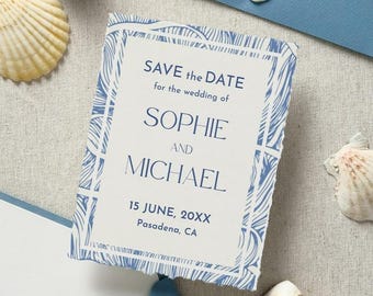 Moderne kust-save-the-date-sjabloon bewerkbare Canva Beach Blue Wave-kaart
