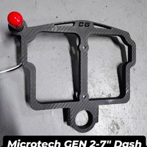 May include: A carbon fiber Microtech GEN 2-7" dash mount with a shift light hole. The mount has a red shift light and the text "CGPERFORMANCEPARTS" at the top. The text "Microtech GEN 2-7" Dash mount with shift light hole" is at the bottom.