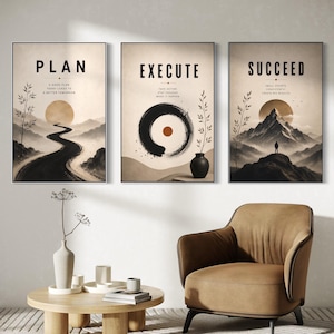 May include: A set of three rectangular wall art prints featuring a beige background with black ink illustrations. The first print says PLAN, the second EXECUTE, and the third SUCCEED. Each print displays a landscape scene with a sun and text.