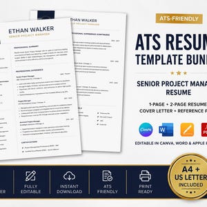 Op de afbeelding: Een ATS-vriendelijk cv-sjabloonpakket voor een Senior Projectmanager, inclusief een cv van één en twee pagina's, een begeleidende brief en een referentiepagina. De witte documenten met donkerblauwe accenten zijn bewerkbaar in Canva, Word en Apple Pages.