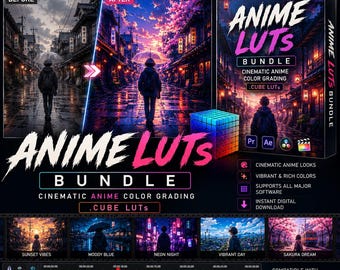 Paquete de LUTs estilo anime / Preajustes de corrección de color cinematográficos vibrantes / Premiere Pro, After Effects, DaVinci Resolve, Final Cut Pro