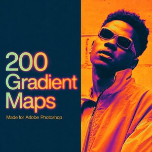 May include: Image featuring a person wearing sunglasses, with a gradient color scheme of orange, purple, and blue. The text "200 Gradient Maps" is displayed in a neon style, with the text "Made for Adobe Photoshop" below.