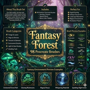 May include: An advertisement for a Procreate brush set, featuring the text "Fantasy Forest" and "98 Procreate Brushes." The image displays brush categories, preview examples, and applications like digital painting and landscape illustrations. The colour scheme is dark green and gold, with a fantasy theme.