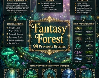 Más de 98 pinceles de bosque fantástico para Procreate: árboles mágicos, naturaleza, bosque, texturas. Kit de pinceles de arte digital para pintura. Descarga instantánea.