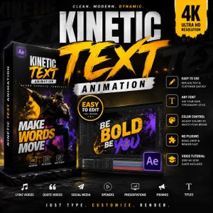 May include: A digital product box and screen display for a Kinetic Text Animation After Effects template. The design features bold yellow and white text, a 4K Ultra HD badge, and icons for features like color control, no plugins, and video tutorials.