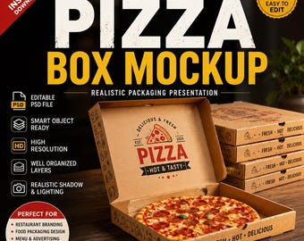 Paquete de maquetas realistas de cajas de pizza / Plantilla PSD para marcas de alimentos (Descarga digital)