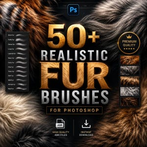May include: A digital collection of 50+ realistic fur brushes for Photoshop, featuring a list of brush types including short, fluffy, dense, long, layered, wavy, curly, fine, thick, soft, wild, animal, and real fur, with ABR file and download icons.